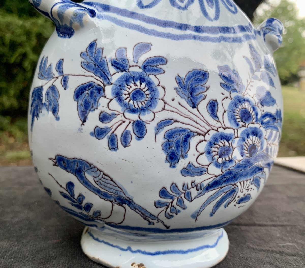 Petit gourde 2 passants faïence Nevers vers 1660 décor camaïeu bleu fleurs oiseau-photo-2