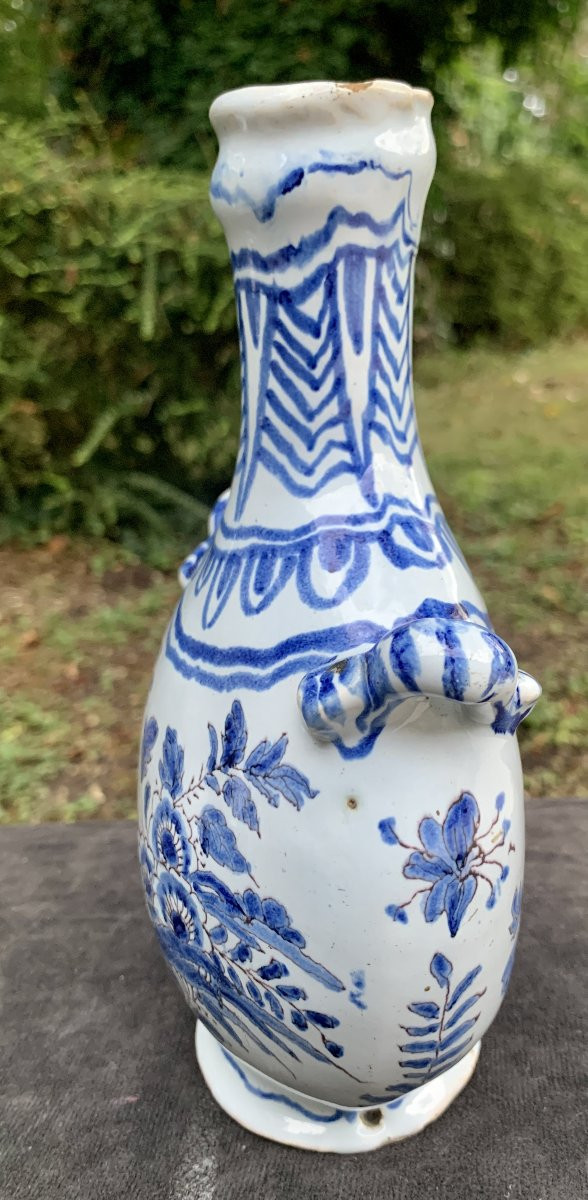 Petit gourde 2 passants faïence Nevers vers 1660 décor camaïeu bleu fleurs oiseau-photo-2