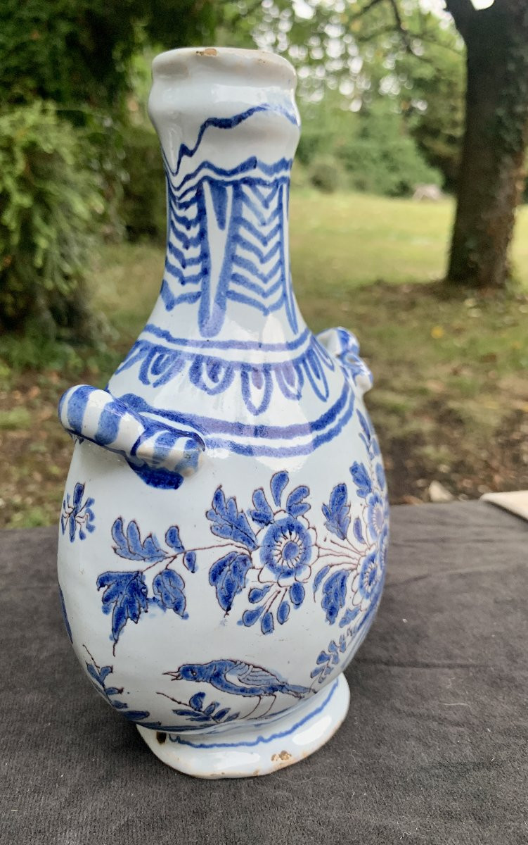 Petit gourde 2 passants faïence Nevers vers 1660 décor camaïeu bleu fleurs oiseau-photo-6