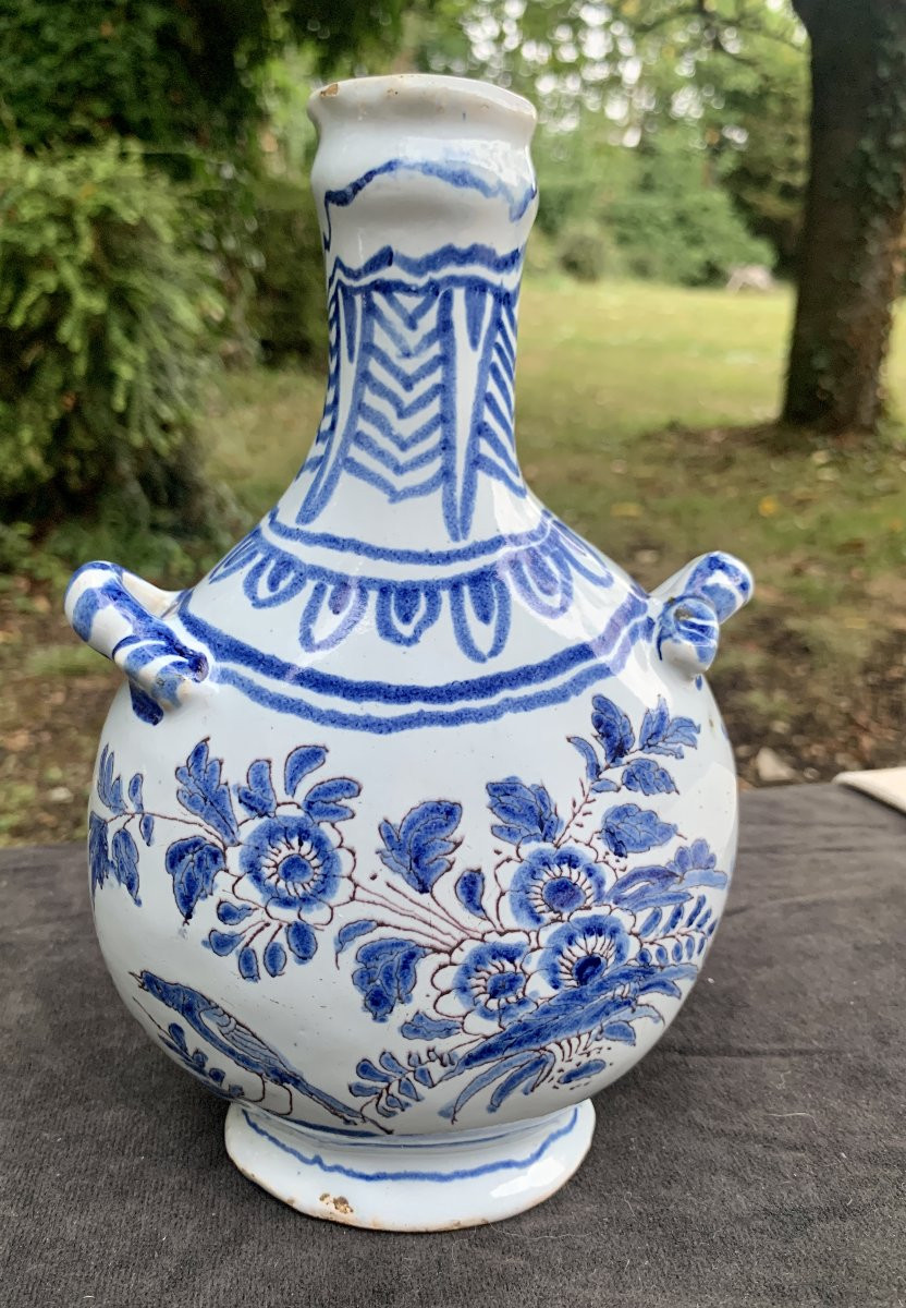 Petit gourde 2 passants faïence Nevers vers 1660 décor camaïeu bleu fleurs oiseau-photo-7