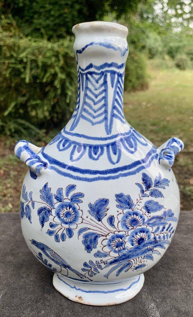 Petit gourde 2 passants faïence Nevers vers 1660 décor camaïeu bleu fleurs oiseau-photo-8