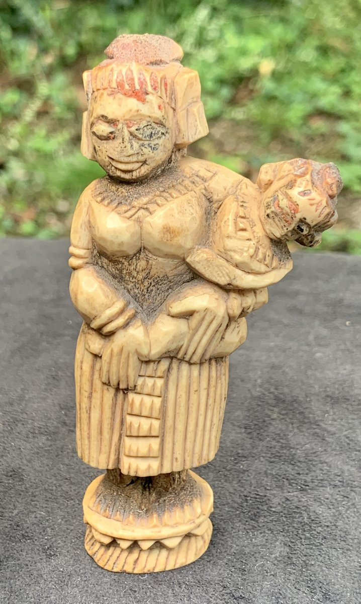 2 Carved Bone Statuettes Including 1 Maternity, India 18 Or 19th Cty, Traces Of Polychromy-photo-3