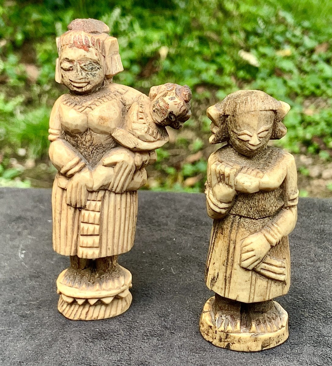 2 Carved Bone Statuettes Including 1 Maternity, India 18 Or 19th Cty, Traces Of Polychromy-photo-7