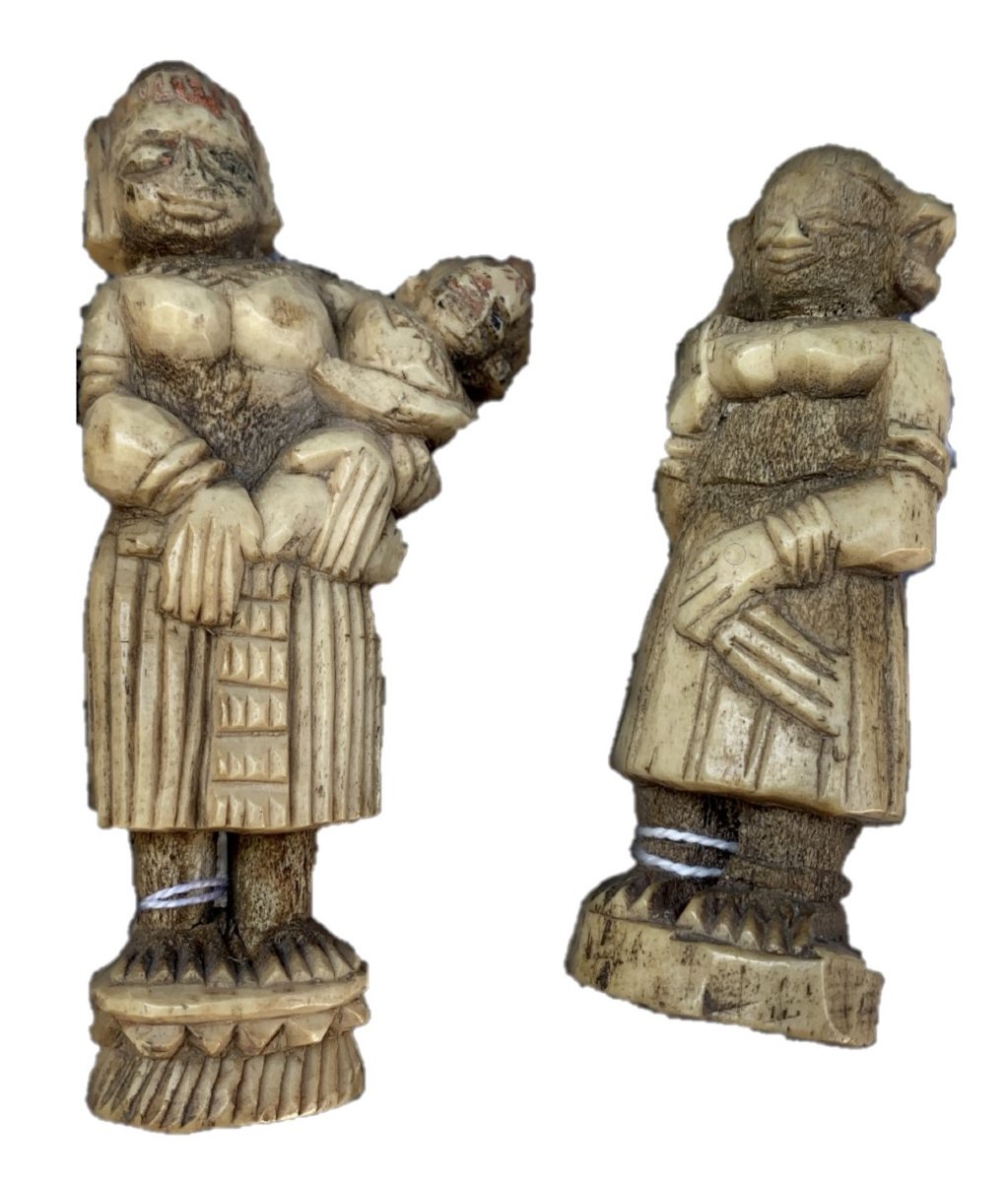 2 Carved Bone Statuettes Including 1 Maternity, India 18 Or 19th Cty, Traces Of Polychromy-photo-8