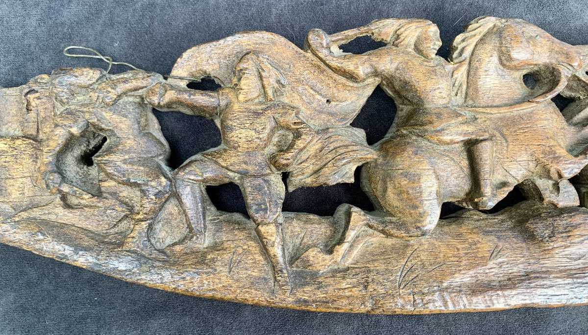 Early 19th Cty Long Openwork Wooden Cart Panel Sicily Italy, Battle Scene-photo-3