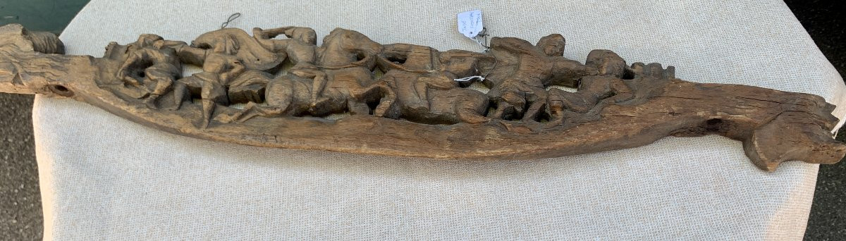 Early 19th Cty Long Openwork Wooden Cart Panel Sicily Italy, Battle Scene-photo-1