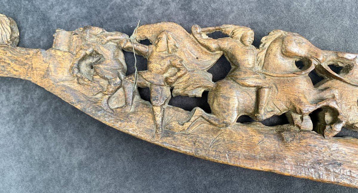 Early 19th Cty Long Openwork Wooden Cart Panel Sicily Italy, Battle Scene-photo-4