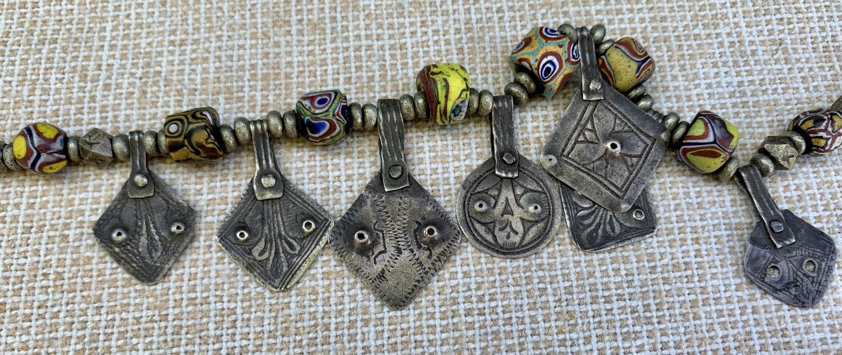 Berber Necklace, Silver & Multicolored Blown Glass Bead Tubes-photo-3