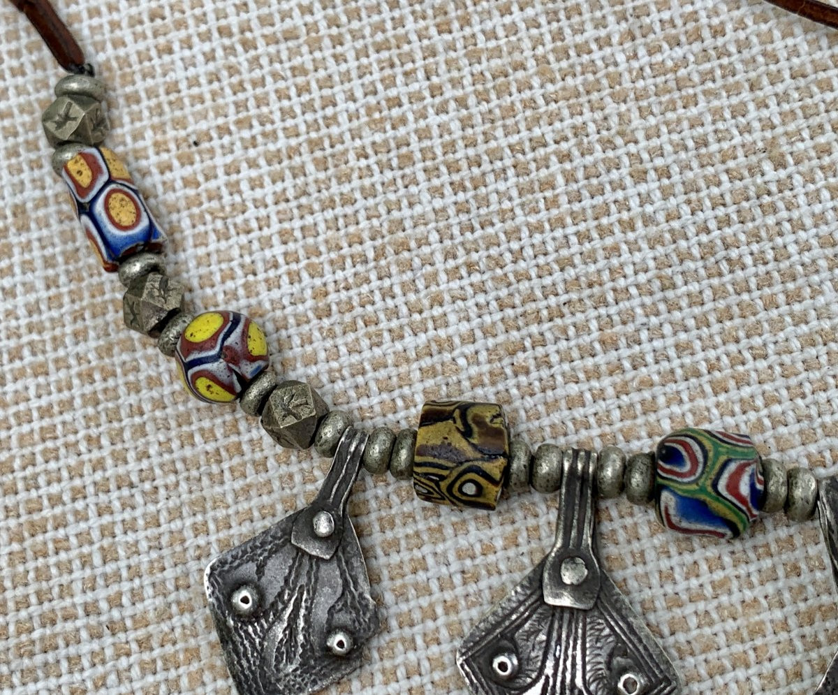 Berber Necklace, Silver & Multicolored Blown Glass Bead Tubes-photo-2