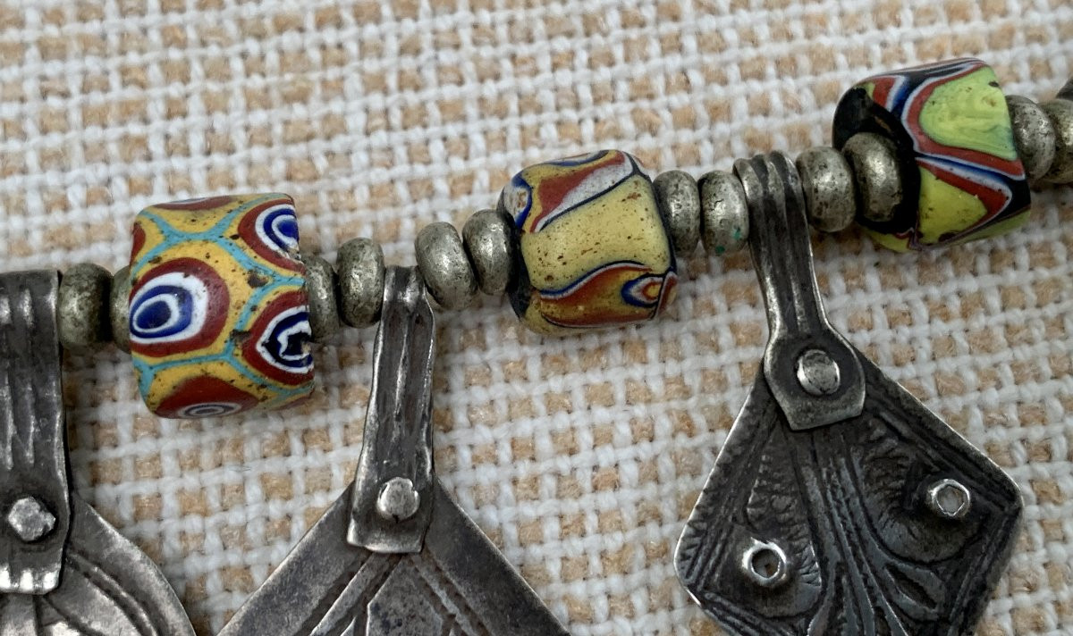 Berber Necklace, Silver & Multicolored Blown Glass Bead Tubes-photo-4