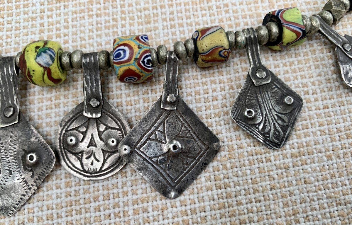 Berber Necklace, Silver & Multicolored Blown Glass Bead Tubes-photo-7