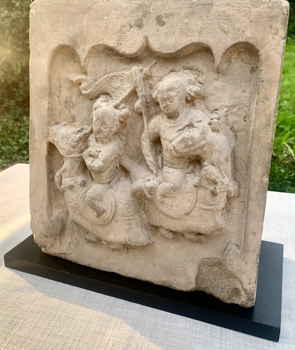 Archaeology China, 2 Song Dynasty (960-1279) Terracotta Tiles Depicting A Dancer &horsemen-photo-3