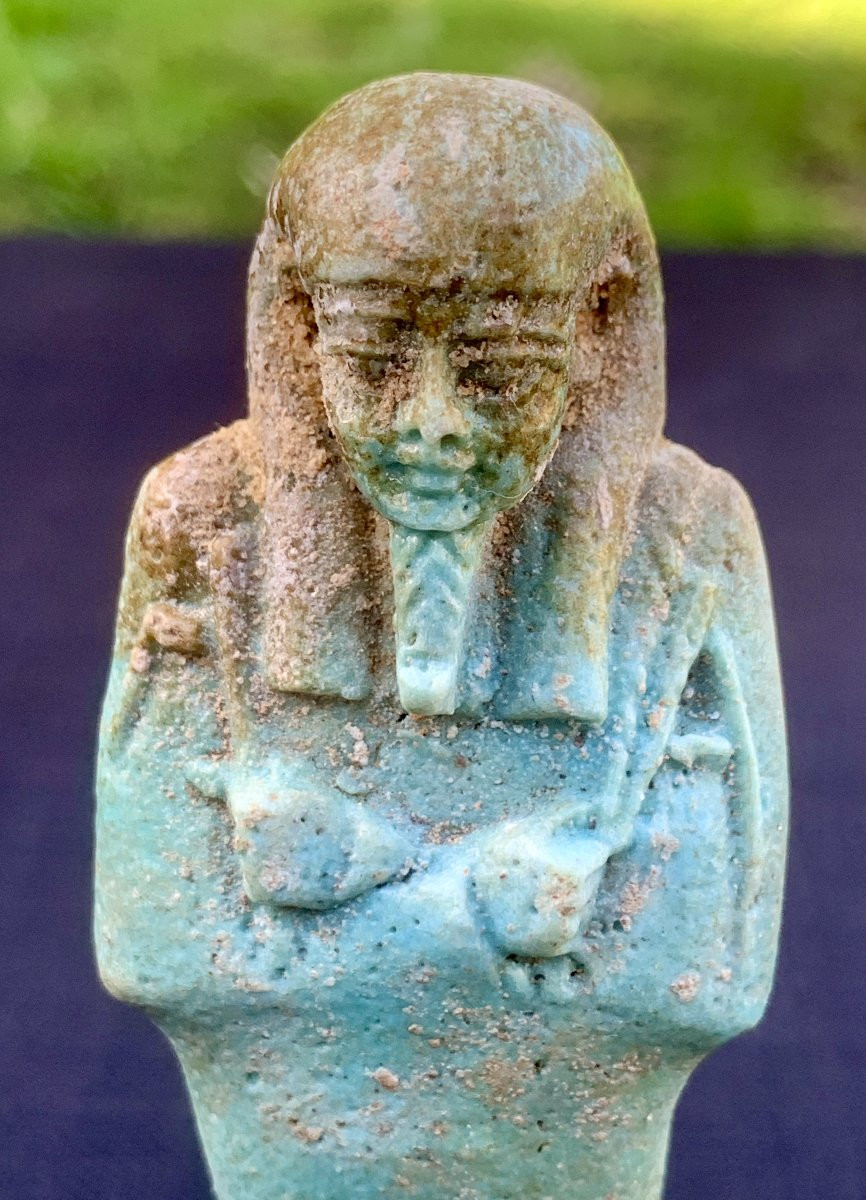 Archaeology, Luminous Egyptian Ushebti Turquoise Blue Ceramic, 21st-26th Dynasties -photo-7