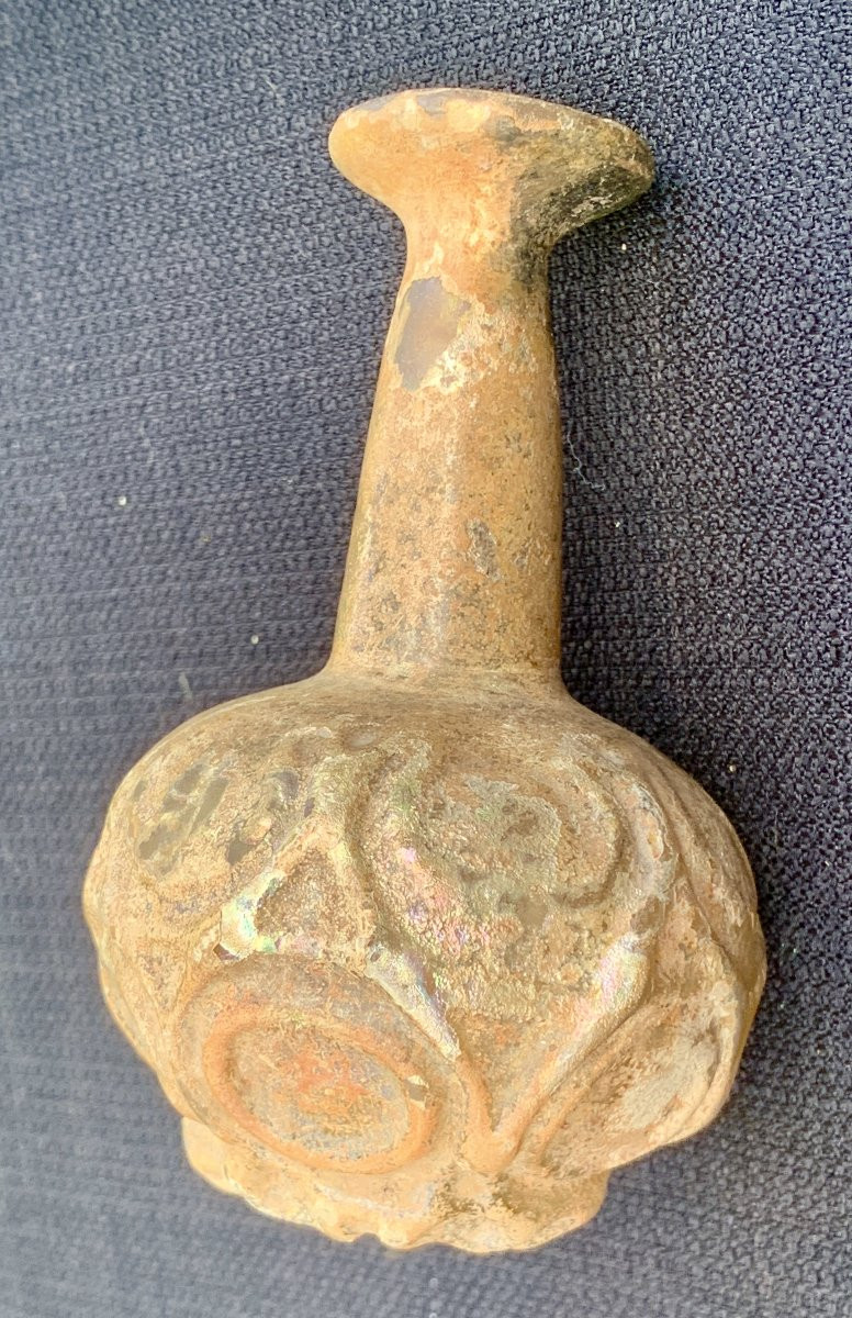 Archéologie: 1er s avt JC, flacon parfum hellénistique verre moulé décor médaillons & pastilles-photo-2