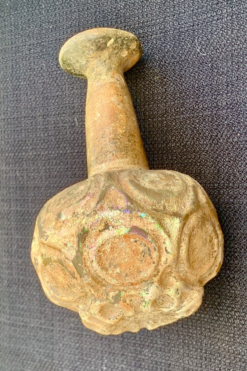 Archéologie: 1er s avt JC, flacon parfum hellénistique verre moulé décor médaillons & pastilles-photo-1