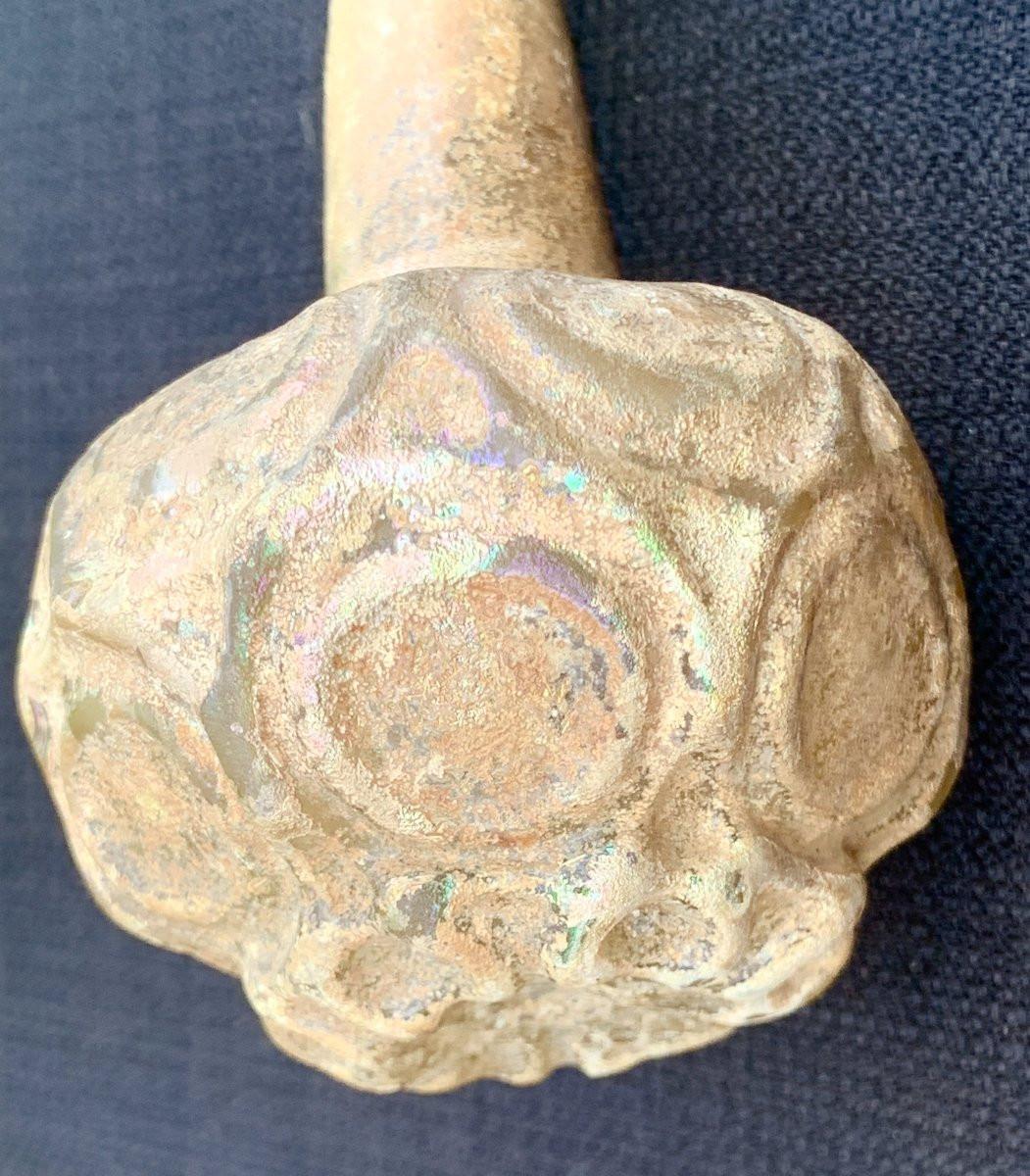 Archéologie: 1er s avt JC, flacon parfum hellénistique verre moulé décor médaillons & pastilles-photo-2