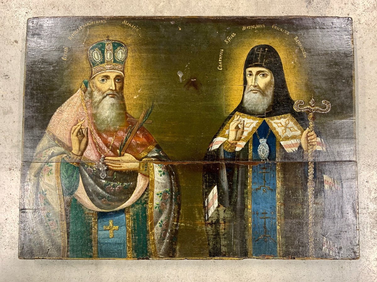 Large Icon,  Late 18th Voronezh School Russia, St Mitrophanes & St Macarius Of Kanev -photo-2