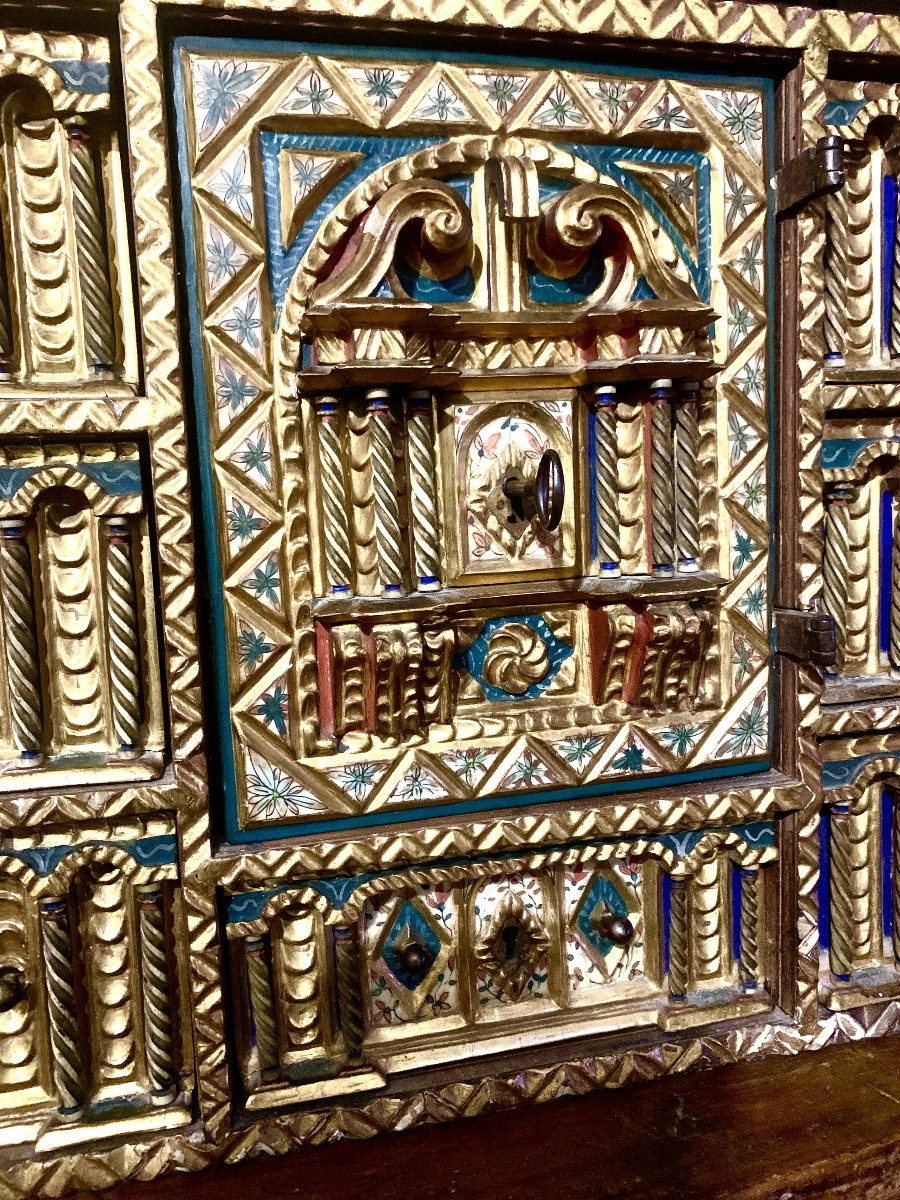 Salamanca Circa 1600, Bargueno Carved, Ptd  Gilded & Natural Wood, Painted Bone Panels-photo-3