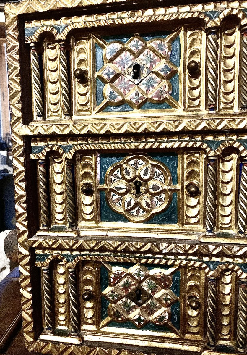 Salamanca Circa 1600, Bargueno Carved, Ptd  Gilded & Natural Wood, Painted Bone Panels-photo-4