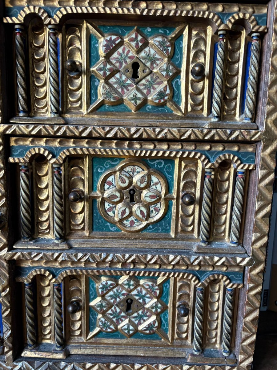 Salamanca Circa 1600, Bargueno Carved, Ptd  Gilded & Natural Wood, Painted Bone Panels-photo-1