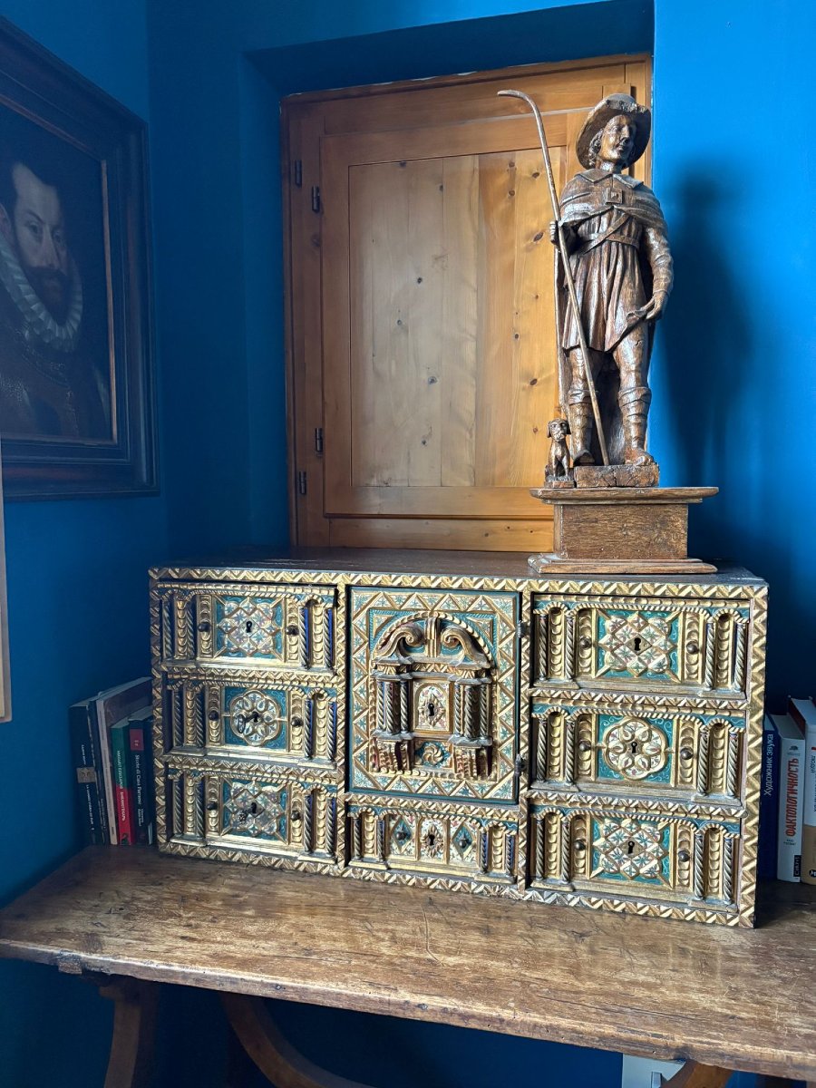 Salamanca Circa 1600, Bargueno Carved, Ptd  Gilded & Natural Wood, Painted Bone Panels-photo-2