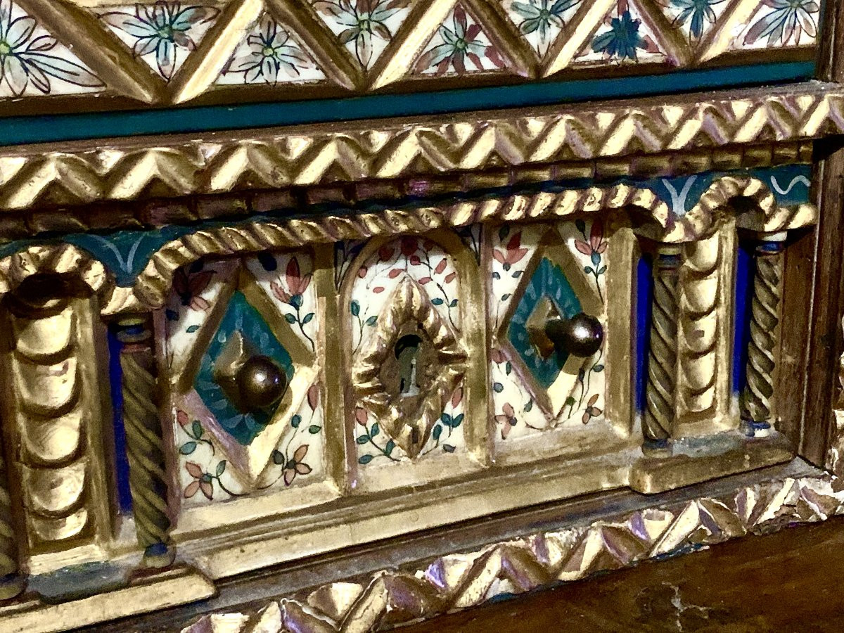 Salamanca Circa 1600, Bargueno Carved, Ptd  Gilded & Natural Wood, Painted Bone Panels-photo-4