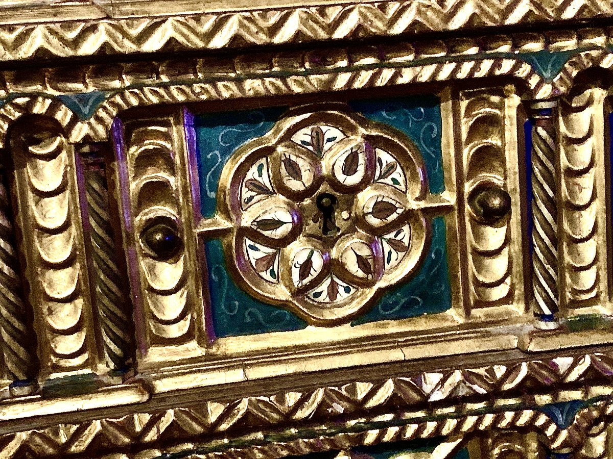 Salamanca Circa 1600, Bargueno Carved, Ptd  Gilded & Natural Wood, Painted Bone Panels-photo-5