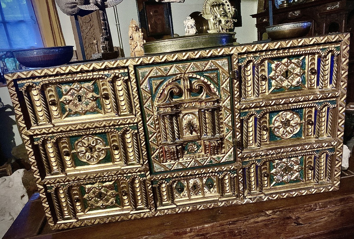 Salamanca Circa 1600, Bargueno Carved, Ptd  Gilded & Natural Wood, Painted Bone Panels