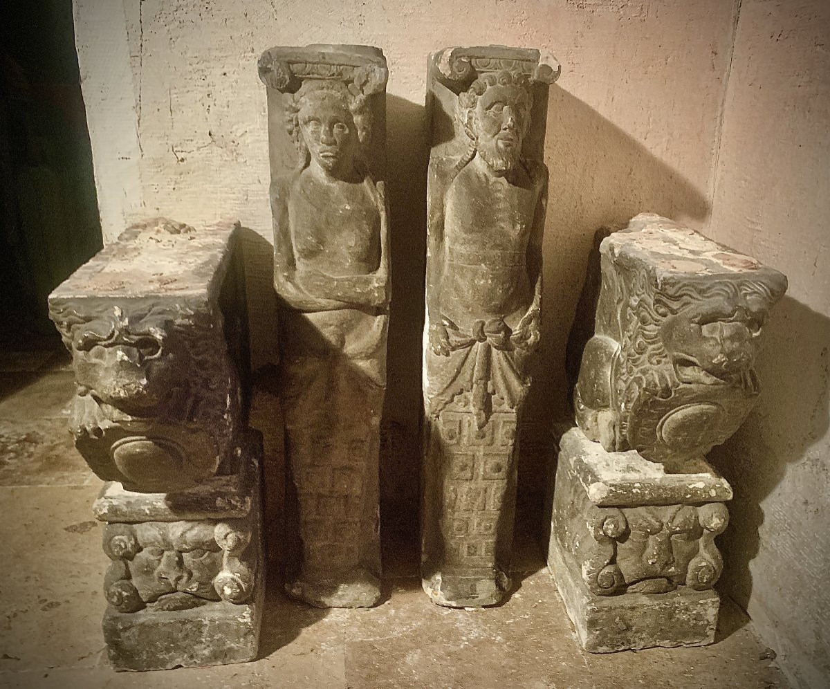 Renaissance Period (16th Cty) Stone Carved Fireplace, Anthropomorphic Pilars-photo-4