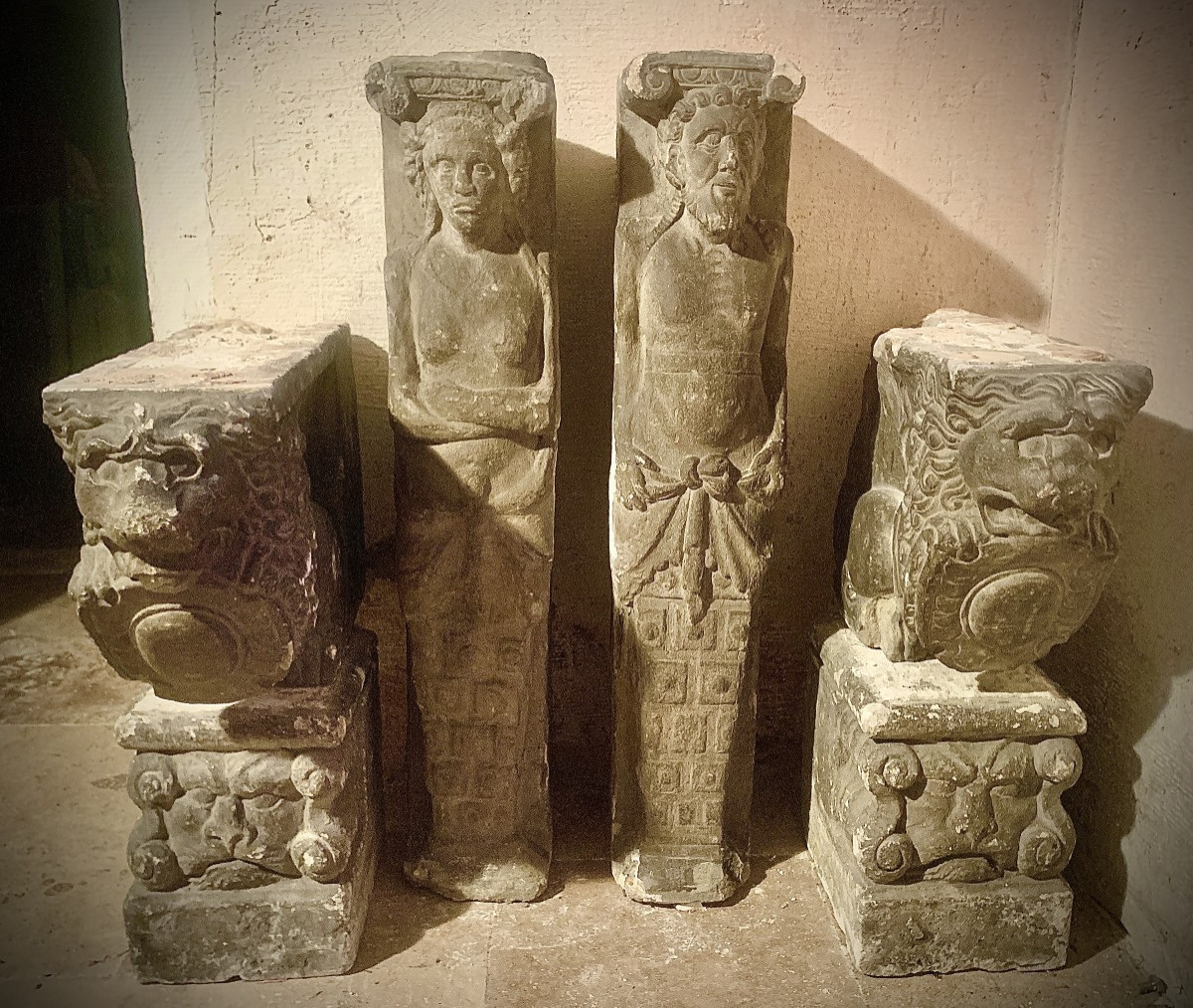 Renaissance Period (16th Cty) Stone Carved Fireplace, Anthropomorphic Pilars