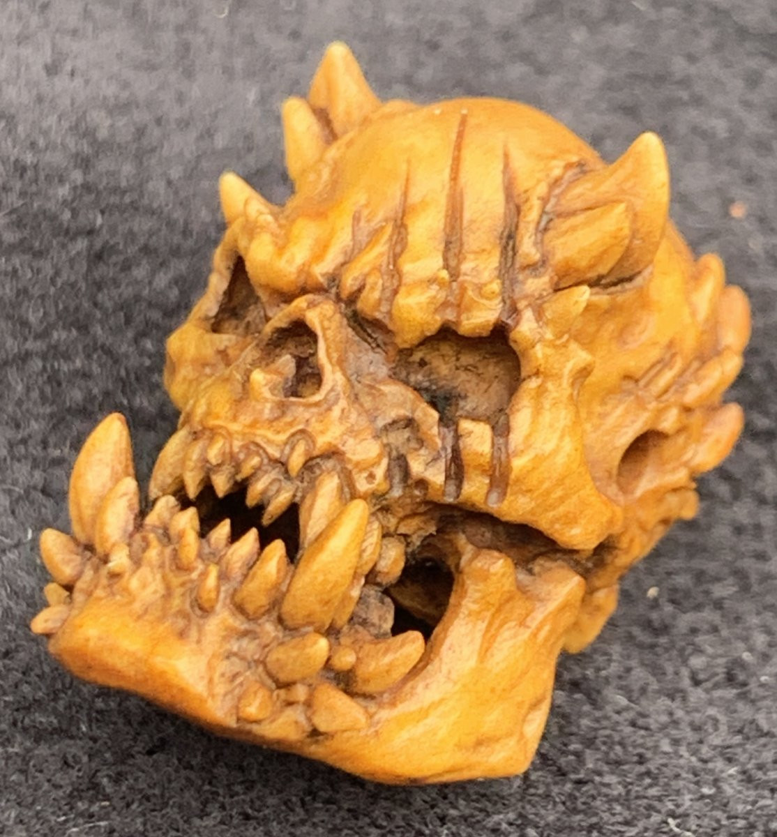 Cabinet de curiosités: memento mori/crâne de démon, bois de cerf sculpté -photo-2
