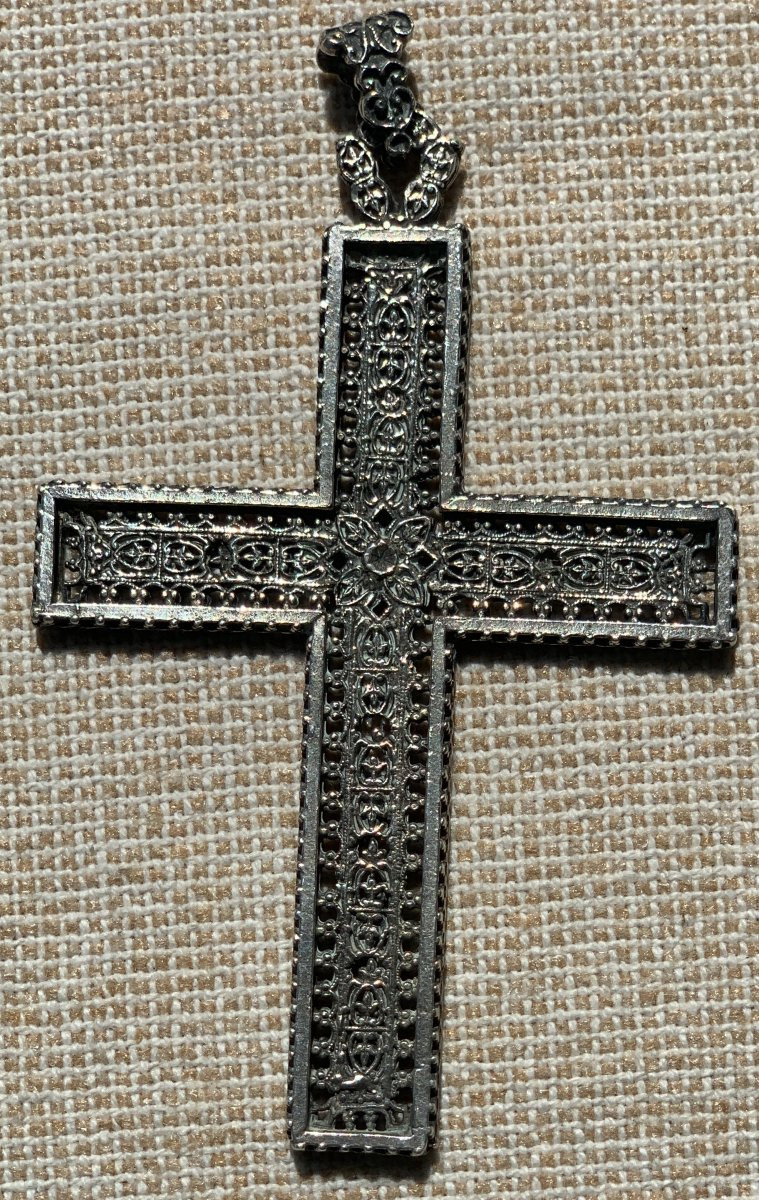 Large Silver Cross, Finely And Extensively Chased, Openwork, Late 19th C.-photo-2