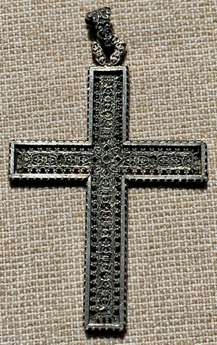 Large Silver Cross, Finely And Extensively Chased, Openwork, Late 19th C.-photo-1