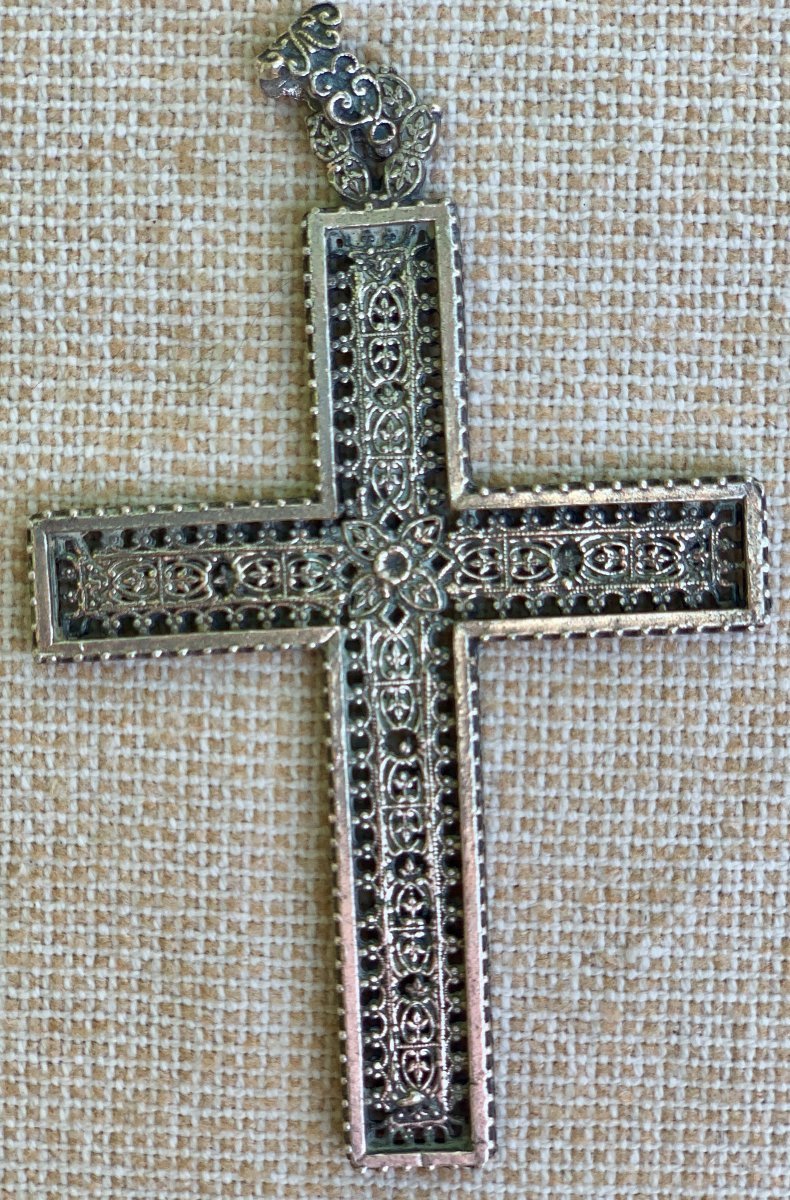 Large Silver Cross, Finely And Extensively Chased, Openwork, Late 19th C.-photo-3
