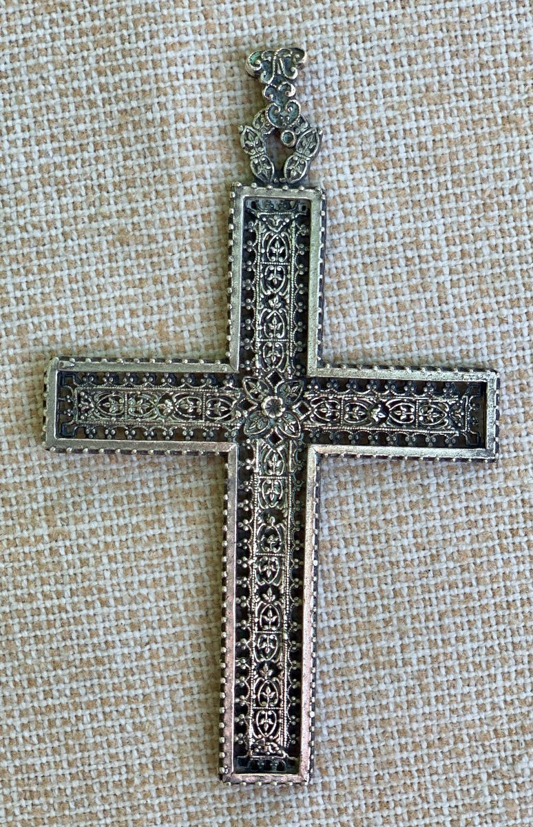 Large Silver Cross, Finely And Extensively Chased, Openwork, Late 19th C.-photo-4