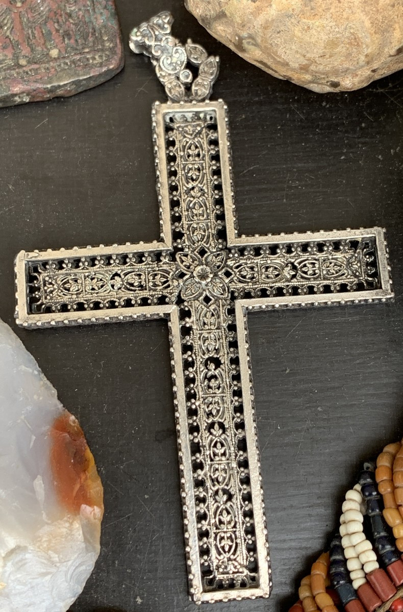 Large Silver Cross, Finely And Extensively Chased, Openwork, Late 19th C.