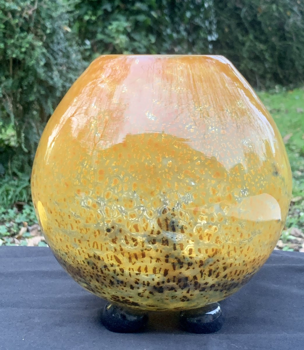ART DECO Vase boule en verre soufflé sign pointe de diamant MULLER FRERES LUNEVILLE-photo-1