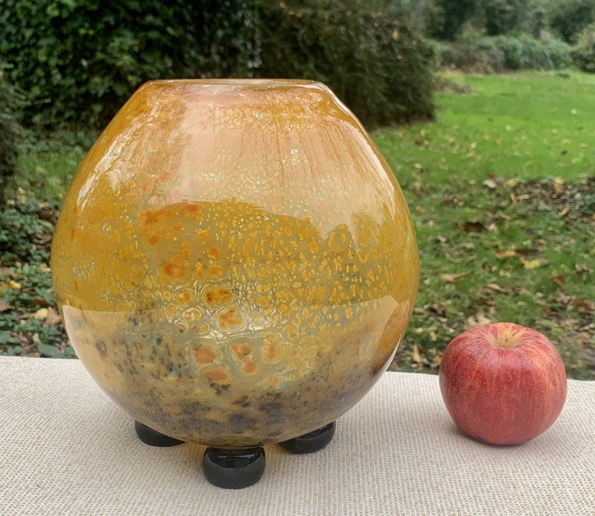 ART DECO Vase boule en verre soufflé sign pointe de diamant MULLER FRERES LUNEVILLE-photo-4