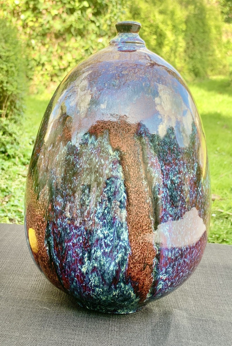 Vase en céramique coulures d'émail, rouge sang de boeuf, Jean Marc ROSTAIN, Santilly 1980's-photo-2