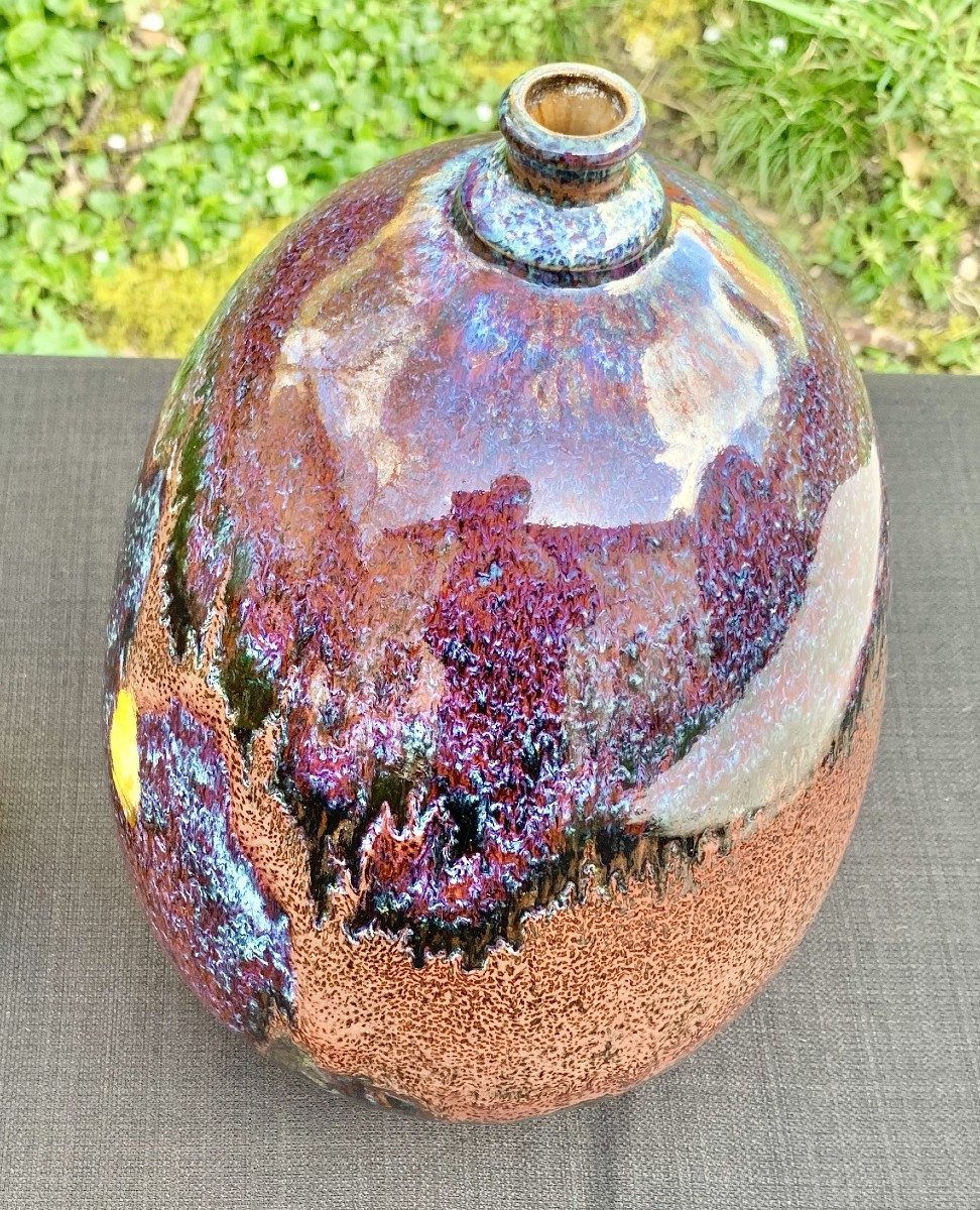 Vase en céramique coulures d'émail, rouge sang de boeuf, Jean Marc ROSTAIN, Santilly 1980's-photo-4