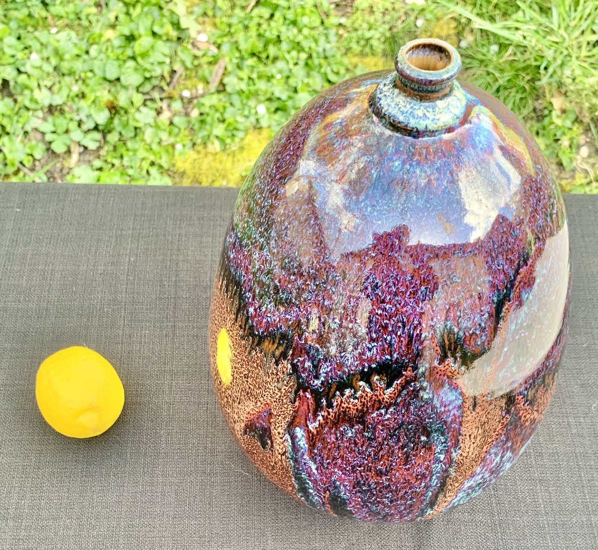 Vase en céramique coulures d'émail, rouge sang de boeuf, Jean Marc ROSTAIN, Santilly 1980's-photo-1