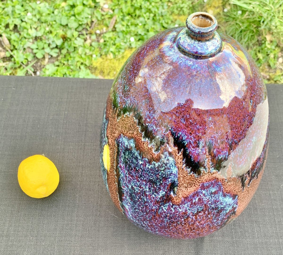 Vase en céramique coulures d'émail, rouge sang de boeuf, Jean Marc ROSTAIN, Santilly 1980's-photo-3