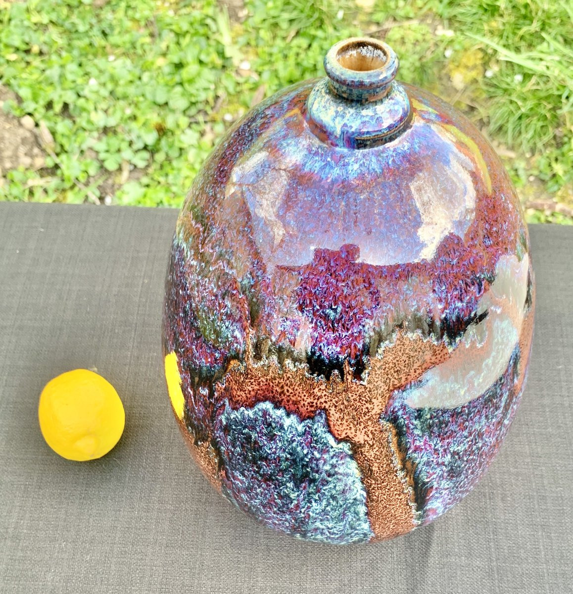 Vase en céramique coulures d'émail, rouge sang de boeuf, Jean Marc ROSTAIN, Santilly 1980's-photo-4
