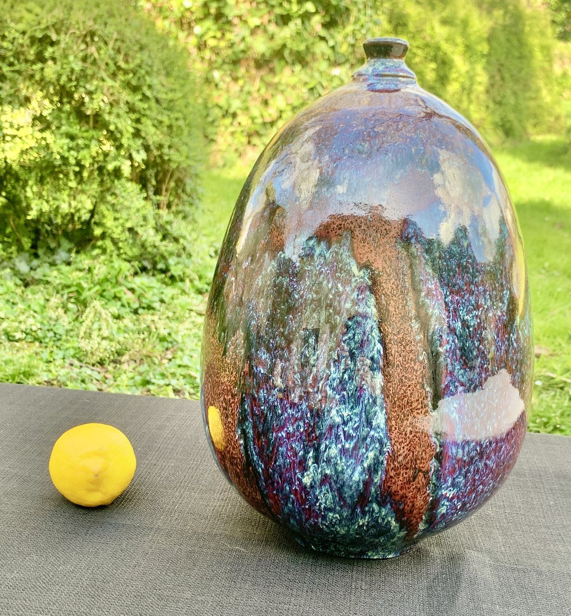 Vase en céramique coulures d'émail, rouge sang de boeuf, Jean Marc ROSTAIN, Santilly 1980's-photo-5