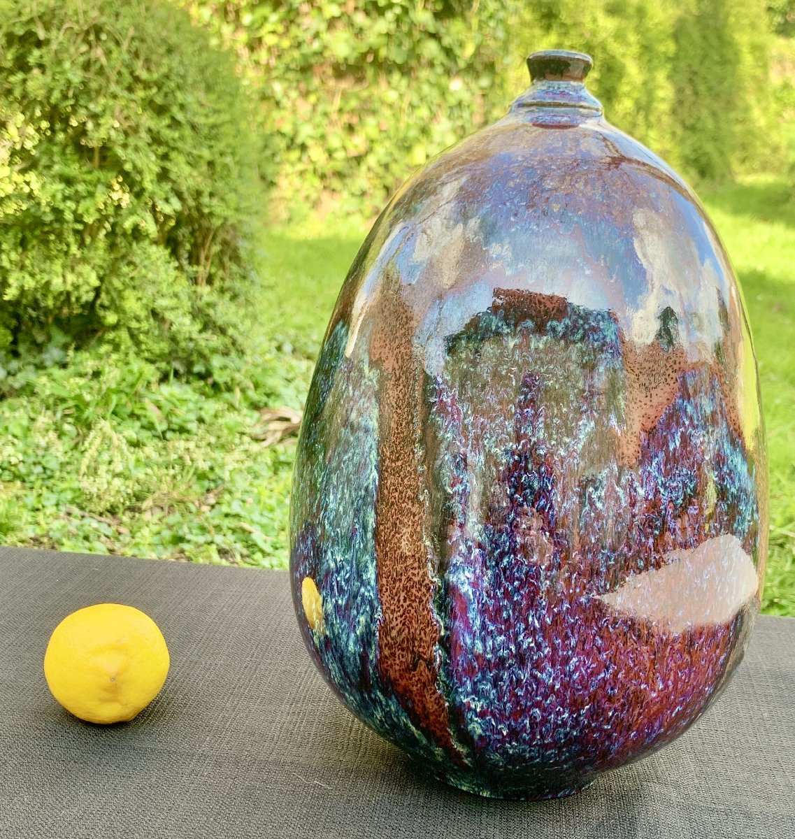 Vase en céramique coulures d'émail, rouge sang de boeuf, Jean Marc ROSTAIN, Santilly 1980's-photo-6