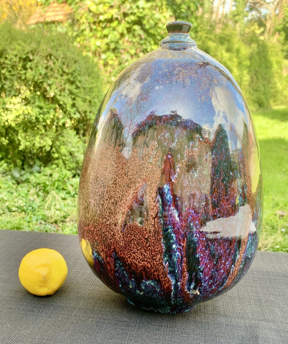 Vase en céramique coulures d'émail, rouge sang de boeuf, Jean Marc ROSTAIN, Santilly 1980's-photo-8