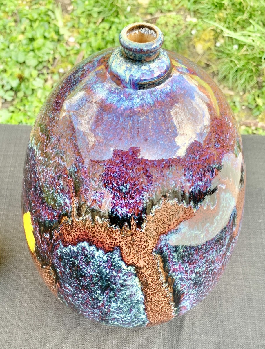 Vase en céramique coulures d'émail, rouge sang de boeuf, Jean Marc ROSTAIN, Santilly 1980's