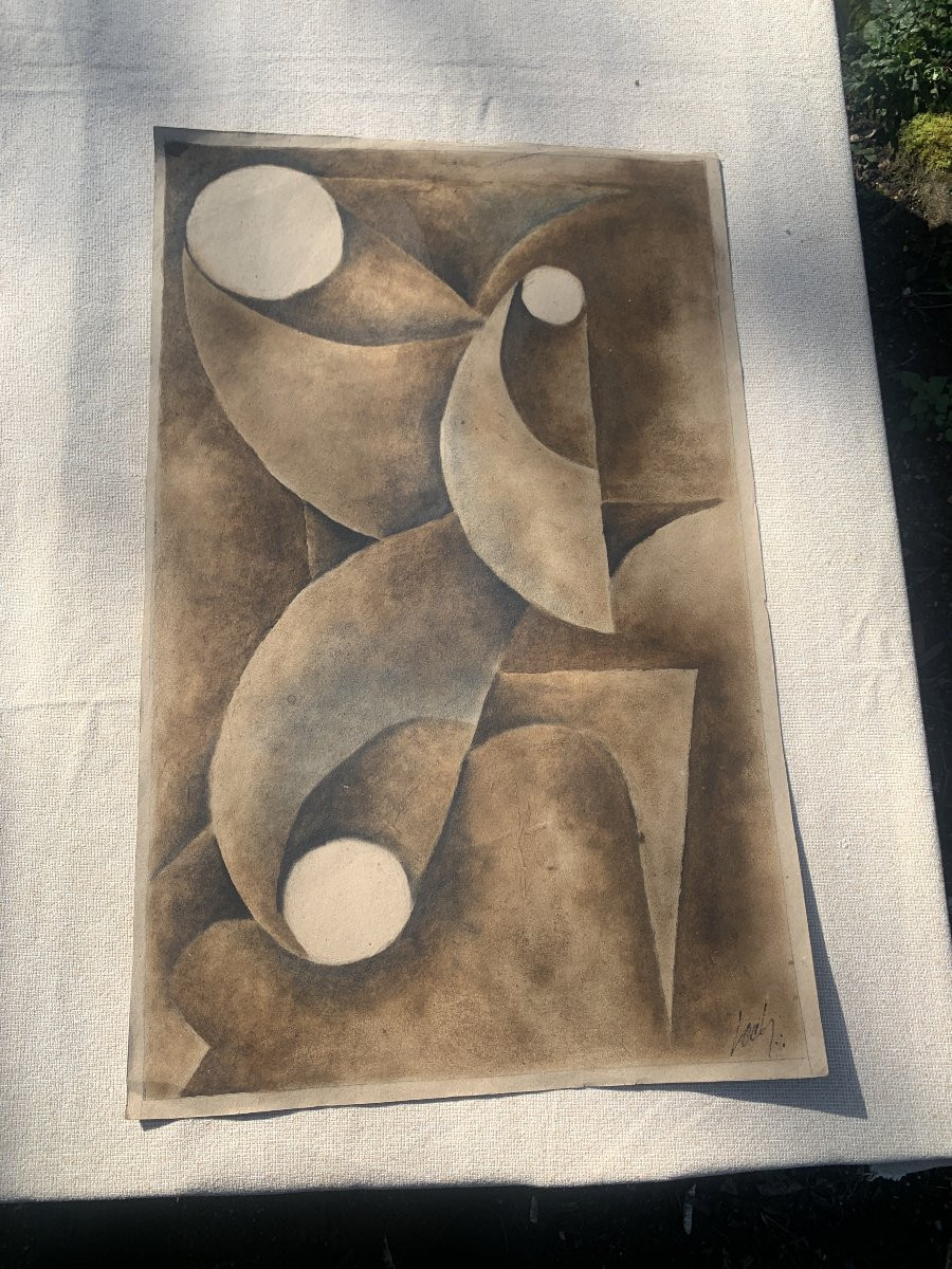 4 Large Post Cubist Rubbed Pastel Drawings, Signed Loch Cuba For Javier Martinez-photo-2