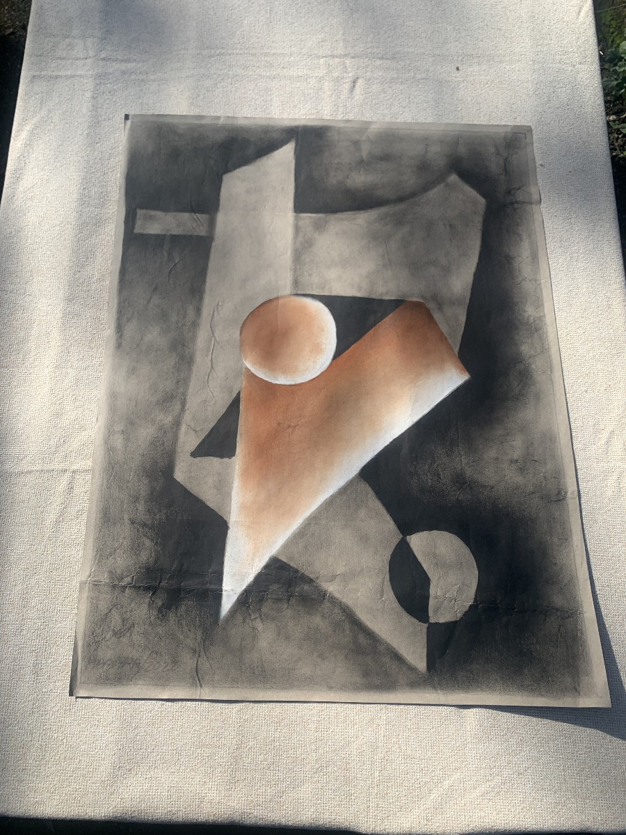 4 Large Post Cubist Rubbed Pastel Drawings, Signed Loch Cuba For Javier Martinez-photo-3