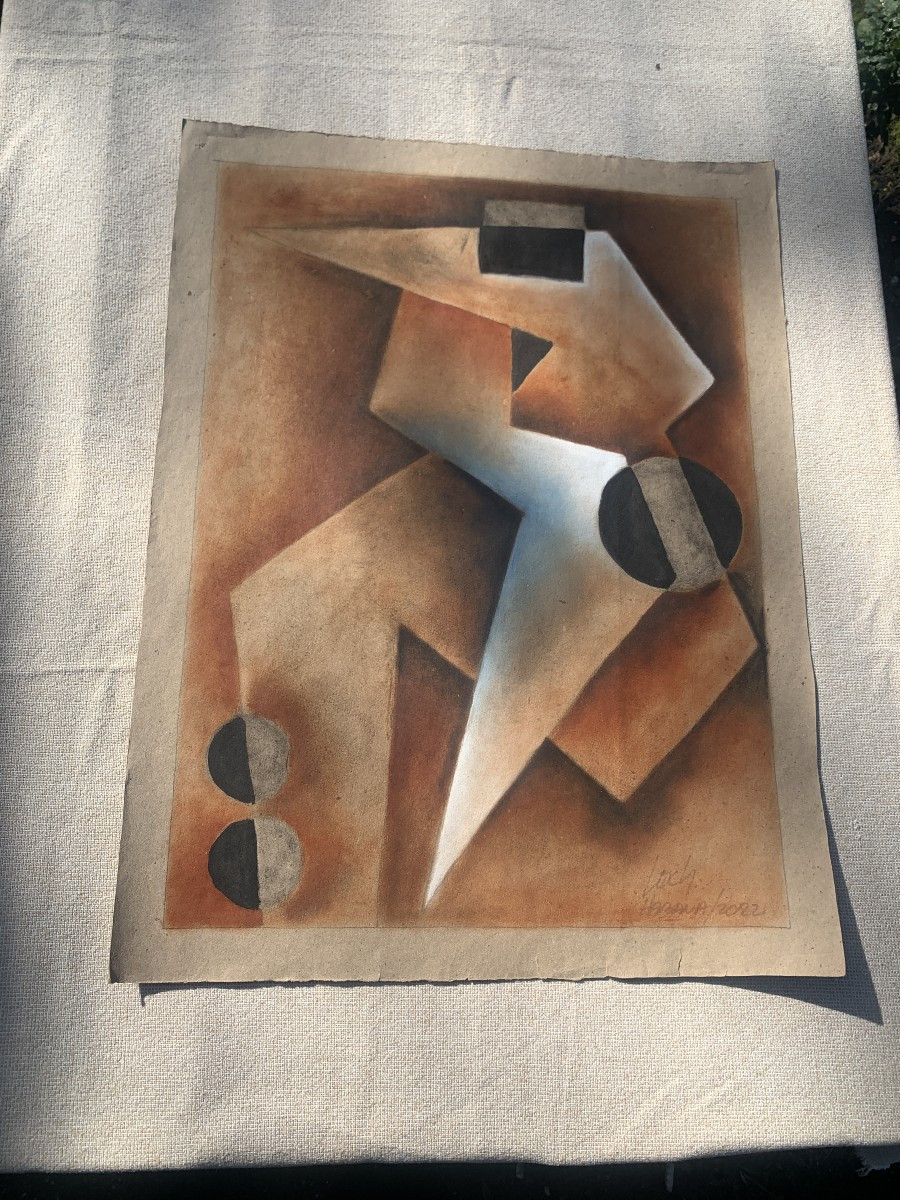 4 Large Post Cubist Rubbed Pastel Drawings, Signed Loch Cuba For Javier Martinez-photo-1